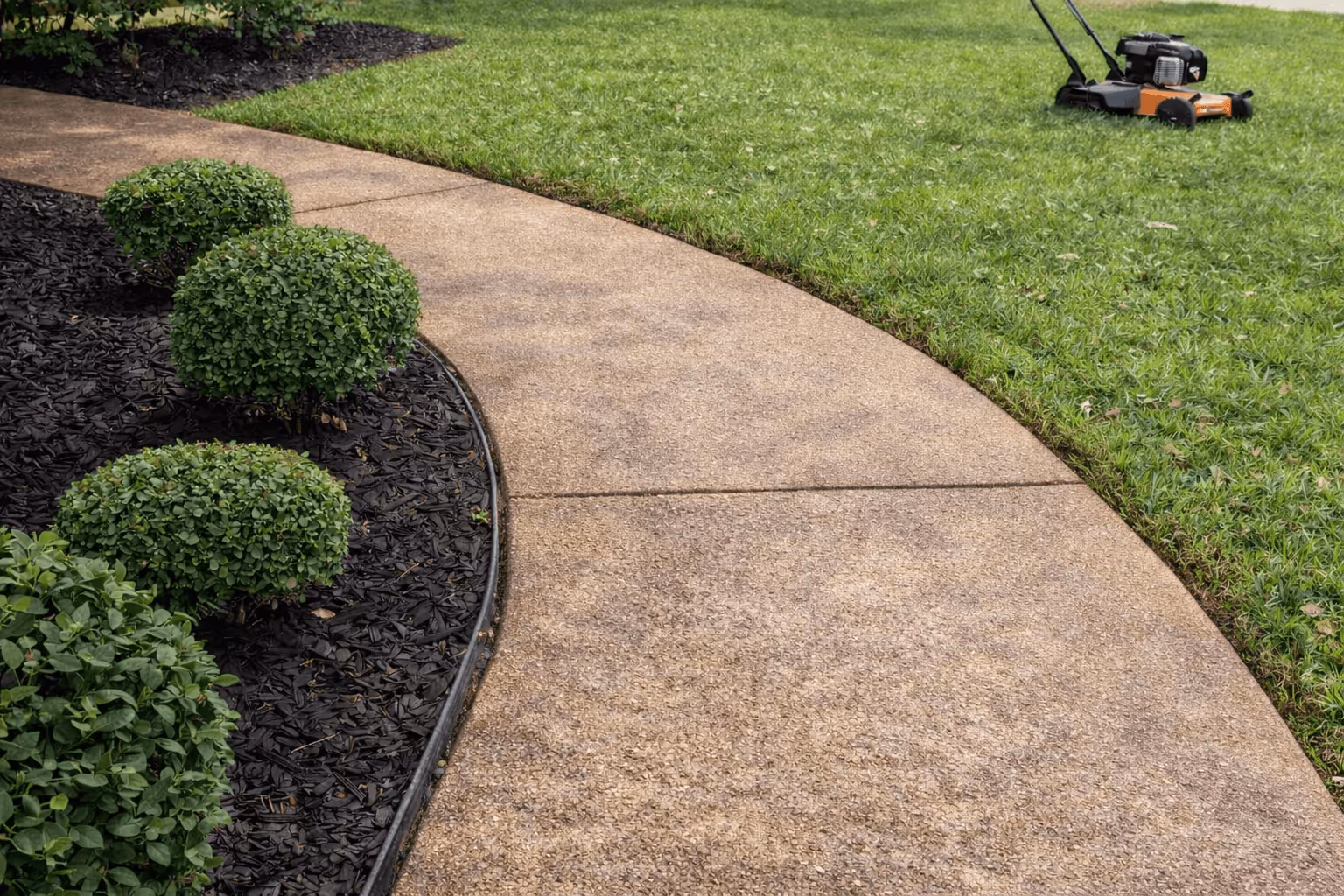 Curved concrete walkway bordered by neatly trimmed bushes with black mulch on one side and green grass on the other, with a lawn mower in the background.