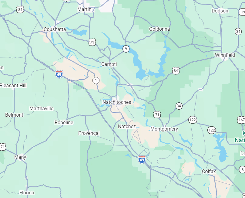 Map showing Natchitoches, Louisiana, and surrounding towns including Campti, Natchez, Montgomery, Coushatta, and Winnfield with highways 49, 1, 71, 84, 34, and 122.